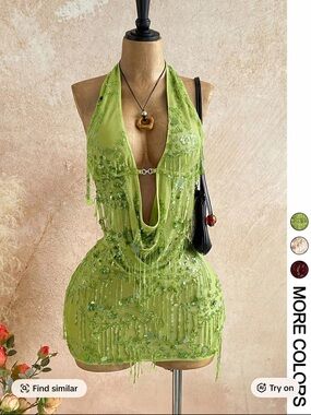 Lime Green Beaded Halter Mini Dress